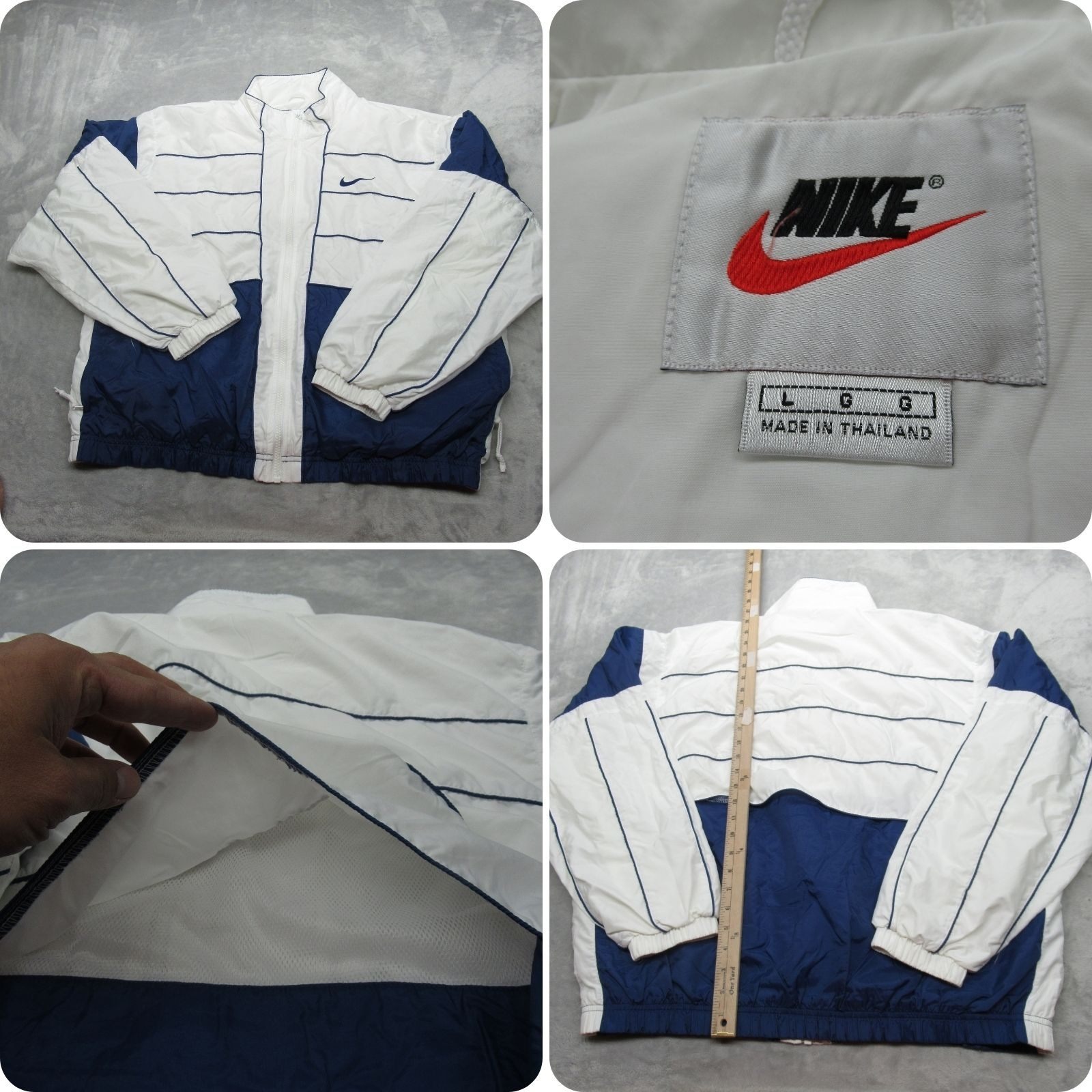 Nike Jacket Mens Large White Blue Pockets Full Zip Track Windbreaker Vtg 90's